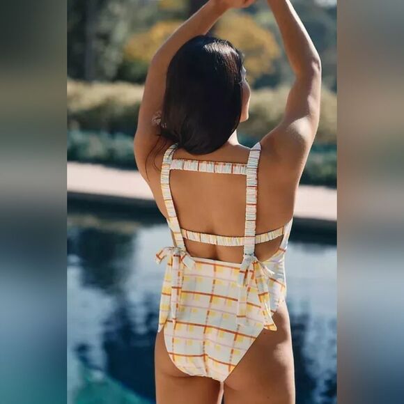 By Anthropologie Sanja Scrunchie Strap Plaid One Piece Swimsuit Size 8 - Picture 5 of 11